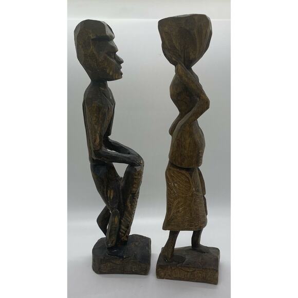 Vintage Tribal African Couple Hand Carved Wooden 12" Sculptures ~ Man & Woman - Picture 9 of 10